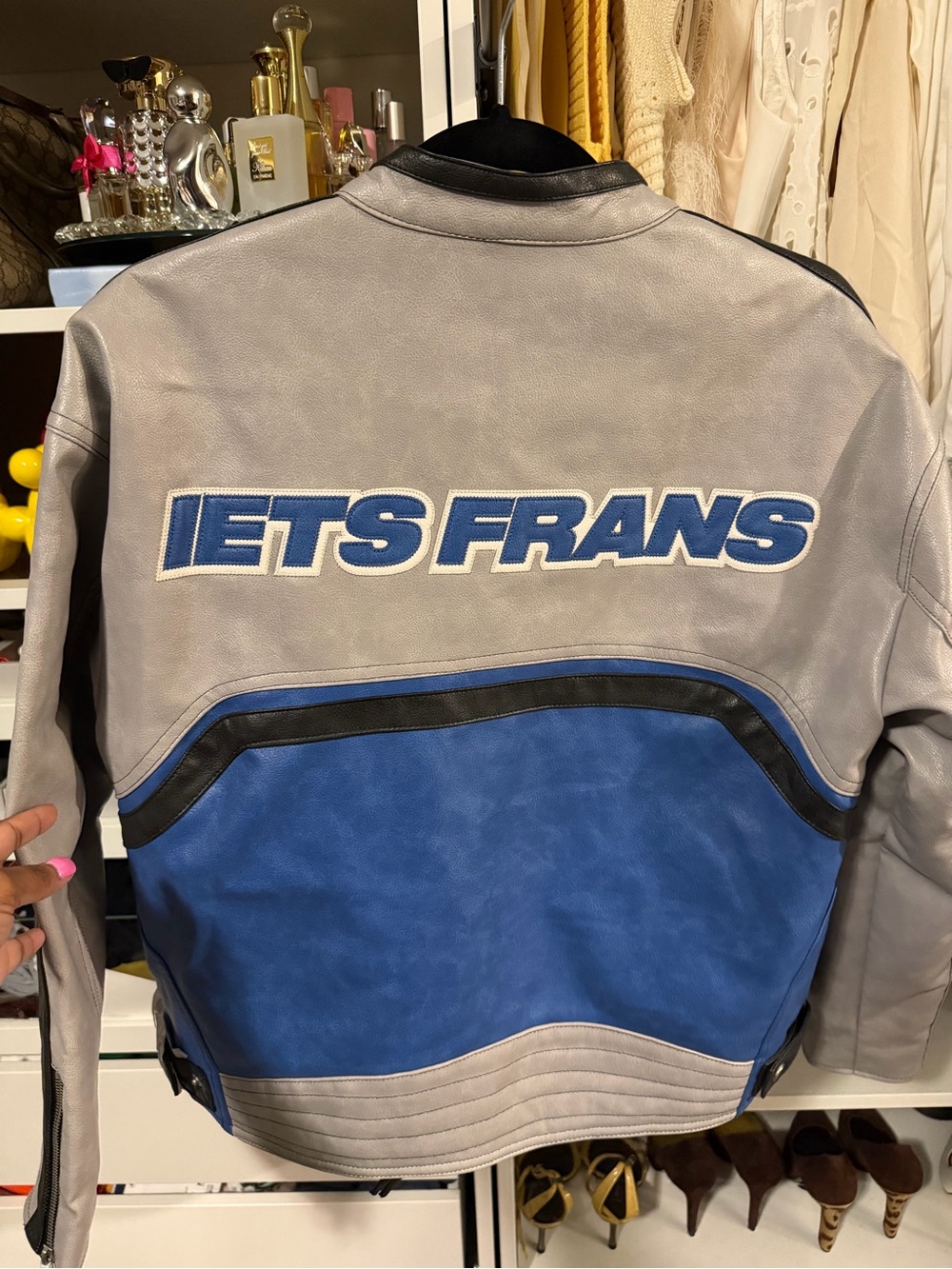 Urban Outfitters Gray and Blue Bomber Jacket with Racing Patch
